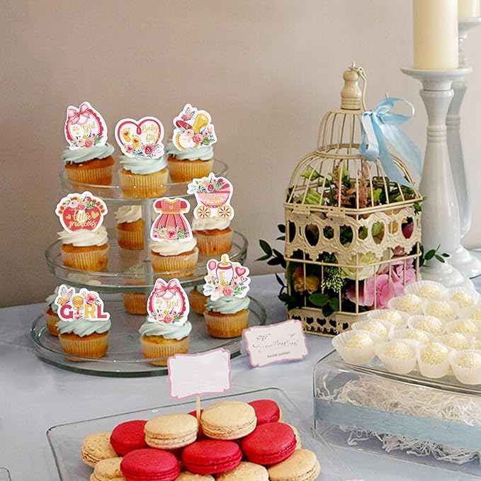 40Cyodoos 40Pcs Edible Pink Rose Gold Baby Shower Cupcake Toppers for Girls Floral It's a Girl Gender Reveal Party Girl Birthday Party Supplies