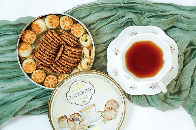 Zaitoune Premium Mini Mixed Cookies - 9 oz | Bite-Sized Date Maamoul, Barazek & Ghraybeh Cookie Mix | Handcrafted in Turkey | Beautiful Reusable Gift Tin | Perfect with Tea | Great Sharing Present