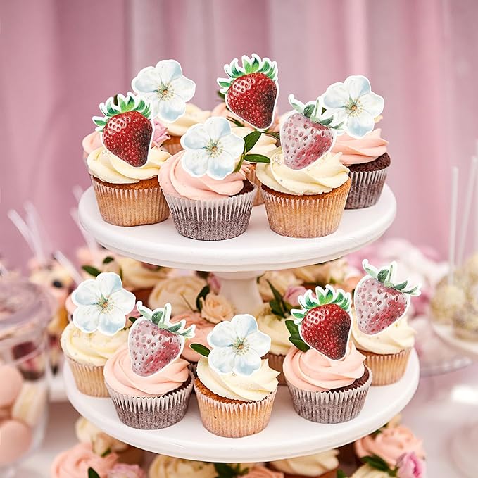 60 Pack Edible Sweet Strawberry Flower Cupcake Toppers First Birthday Strawberry Flower Cake Toppers Rice Paper Wafer Paper Cake Picks for Fruit 1st Berry Sweet Kids Birthday Cake Decorations