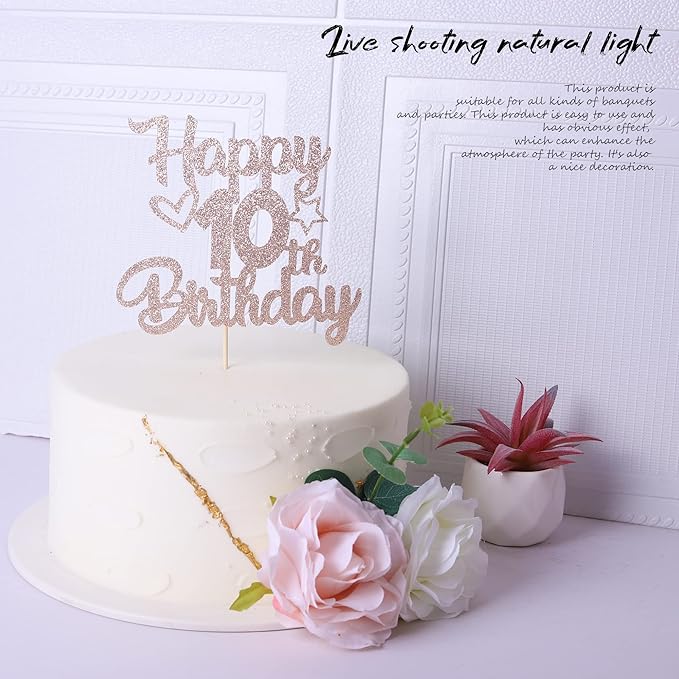 1 Pack Happy 10th Birthday Cake Topper Glitter Heart Star 10 Fabulous Cake Pick Birthday Sign Cake Decorations for Children 10th Birthday Theme Party Supplies Rose Gold
