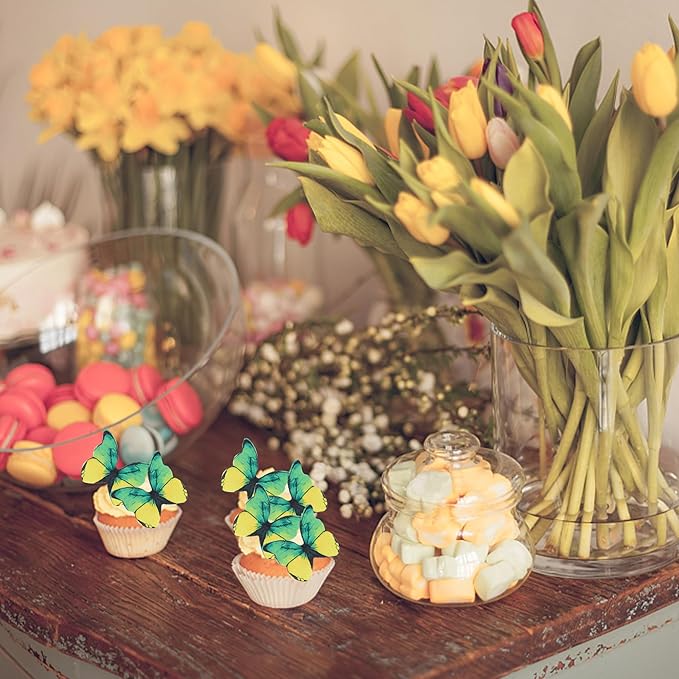 48PCS Edible Butterfly Cupcake Toppers - Edible Butterflies Cake Decoration for Wedding, Birthday, Baby Shower & Kids Parties - Yellow & Green