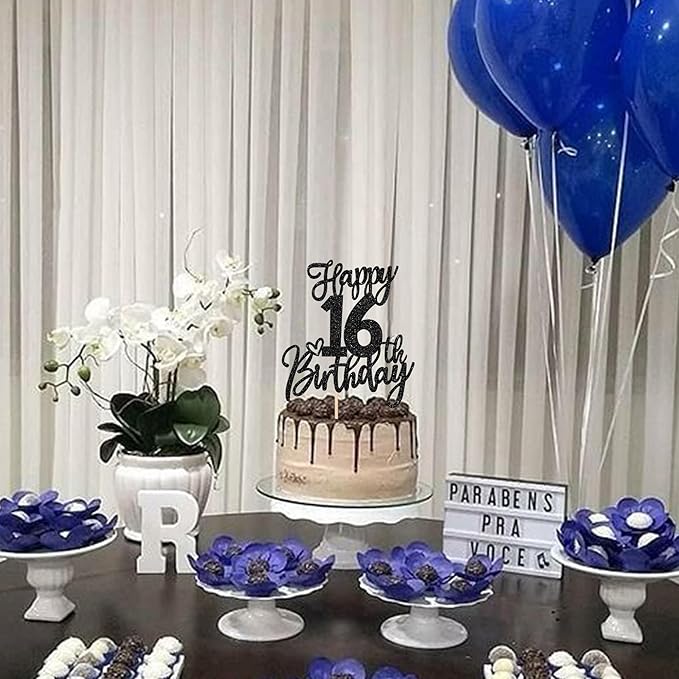 1 PCS Happy 16th Birthday Cake Topper Glitter Cheers to 16 Years Birthday Cake Pick Sixteen Sweet 16 Cake Decoration for Happy 16th Birthday Anniversary Theme Party Decorations Supplies Black