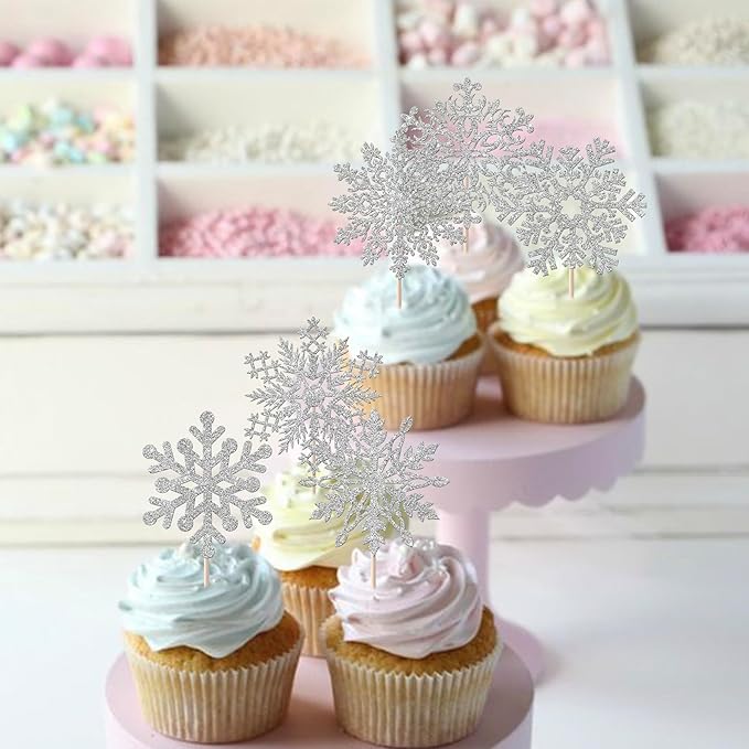 Rsstarxi 24 Pack Snowflake Cupcake Toppers Silver Glitter Winter Frozen Theme Cupcake Picks for Snowflake Winter Wonderland Baby Shower Kids Birthday Christmas Party Cake Decorations