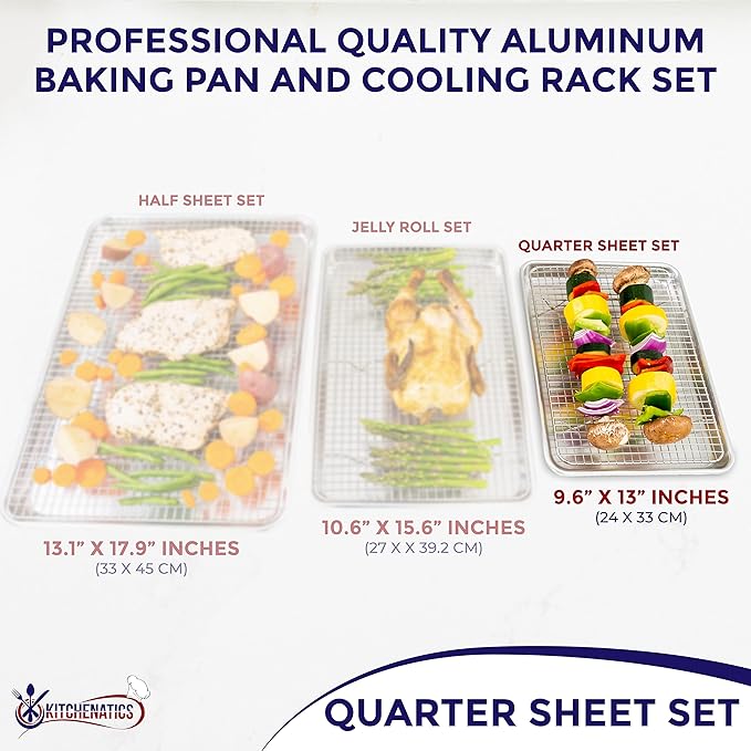 KITCHENATICS Small Quarter Sheet Baking Pan with Rack, Stainless Steel Baking Rack & Aluminum Cookie Sheet Baking Pan Toast Oven Tray w/Cooling Rack, 1/4 Sheet Pan & Wire Rack Set - 9.6" x 13" IN Pan