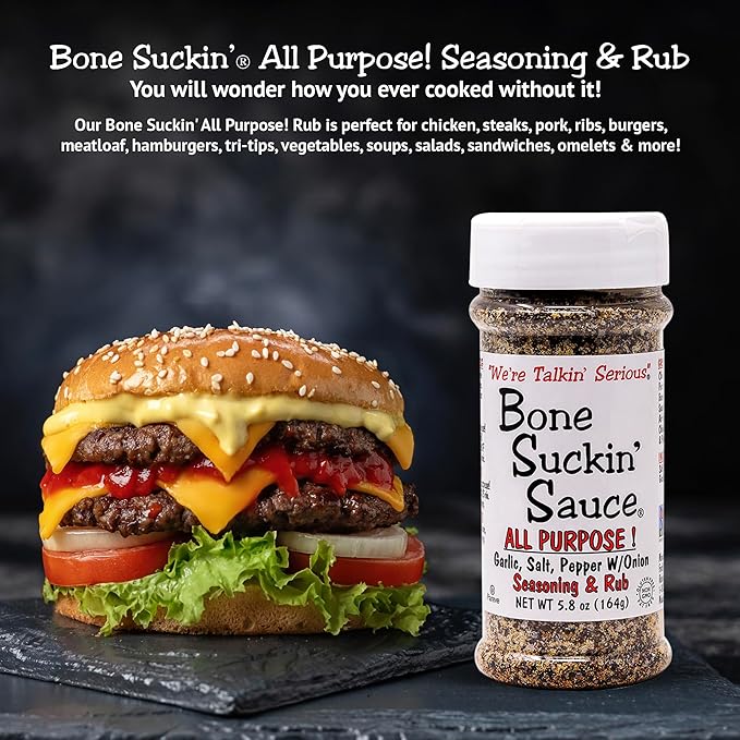 Bone Suckin' All Purpose Seasoning & Rub, Zero Calorie, Sugar Free, Gluten Free, Non GMO, No MSG, Kosher, Garlic, Salt, Pepper & Onion