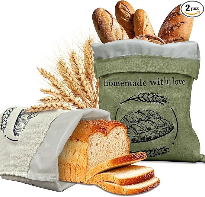 Linen Reusable Bread Bags for Homemade Bread & Sourdough - 2 Pack Breads Bags - 15x12 Inch - Perfect for Baking, Proofing & Fresh Storage - Breads Storage Solution (Green and white)