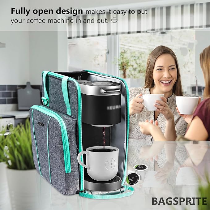BAGSPRITE Travel Coffee Maker Bag for Keurig K-Slim, Single Serve Coffee Brewer Carrying Case, Portable Travel Coffee Maker Storage Case with Pockets for K-Cup Pods (Full Open Design Patent Pending)