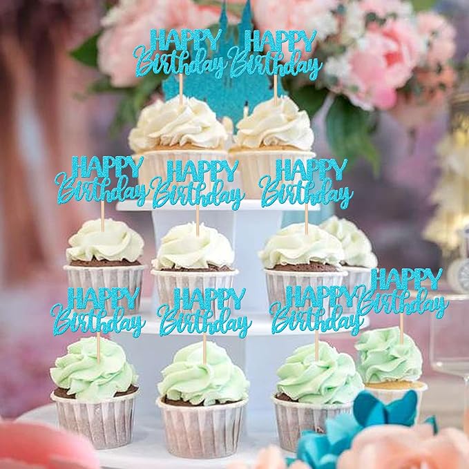 30 PCS Happy Birthday Cupcake Toppers Glitter Happy Birthday Cupcake Picks for Celebrating Birthday Anniversary Theme Party Cake Decorations Supplies Lake Blue