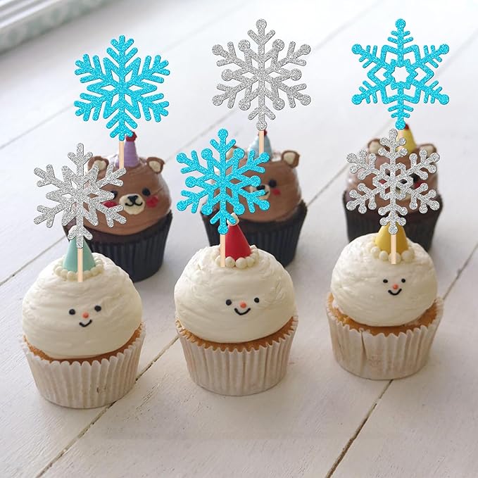24 PCS Snowflake Cupcake Toppers Glitter Frozen Snowflake Cupcake Picks Winter Wonderland Cake Decorations for Winter Frozen Theme Baby Shower Kids Birthday Christmas Party Supplies Silver Blue