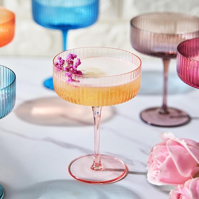 Ribbed Vintage Art Deco Coupe Glasses | 10 OZ Glass, 6-Set | Martini, Champagne & Cocktail Ribbed, Winter Bright Colored Crystal Glassware - Goblet Stemmed Ripple Glassware, Housewarming (Pastel)
