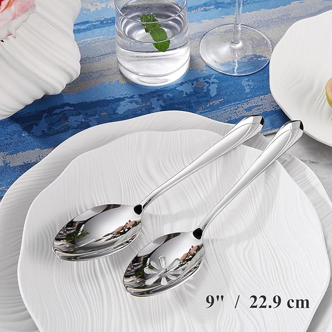 KEAWELL Premium Astra 4-Piece 9 inch Spoon Set ??Mirror-Finished 18/10 Stainless Steel with Diamond-Faceted Handles Dishwasher Safe for Modern Dining (4, Serving Spoons and Slotted Spoons)