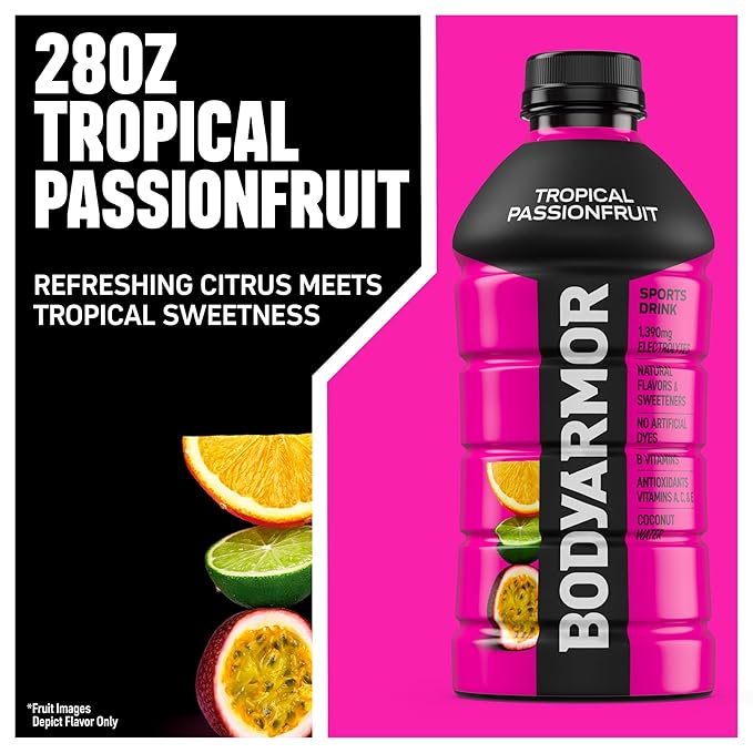 BODYARMOR Sports Drink Sports Beverage, Tropical Passionfruit, Coconut Water Hydration, Natural Flavors With Vitamins, Potassium-Packed Electrolytes, Perfect For Athletes, 28 Fl Oz (Pack of 15)