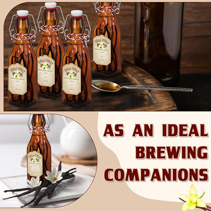 Uiifan 12 Pcs 8 oz Swing Top brown Square Glass Bottles for Vanilla Extract with Caps and Cotton Twines Label Flip Top Glass Bottle for Home Vanilla Brew Oil Beer Tea Supply