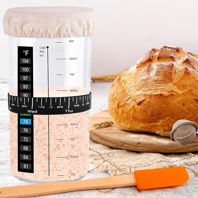 Sourdough Starter Jar, 2 Pack 35 oz Sourdough Starter Kit with Thermometer, Feeding Date Band, Scraper, Cloth Cover, and Metal Lid. Sourdough Baking (Orange)