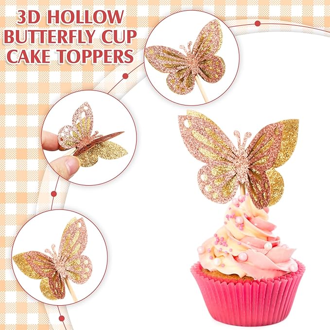 Chinco 48 Pcs Butterfly Cupcake Toppers Assembled Double Layer Cupcake Topper 3D Glitter Cake Topper Butterfly Cocktail Pick Decoration for Baby Shower Birthday Wedding(Gold,Retro Style)