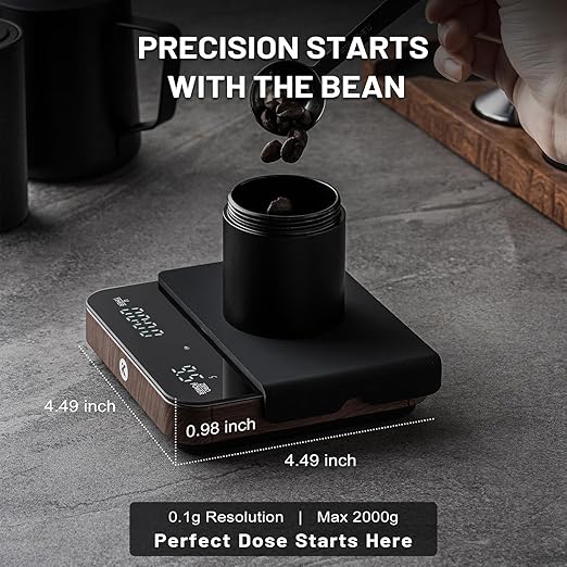 KitchenTour Caf챕Metric Coffee Scale with Timer 0.1g/2000g - Precision Scale for Espresso & Pour Over - Water Flow Speed Mode and Coffee Powder-to-Liquid Ratio Mode - Only Battery, LCD Display-Wood
