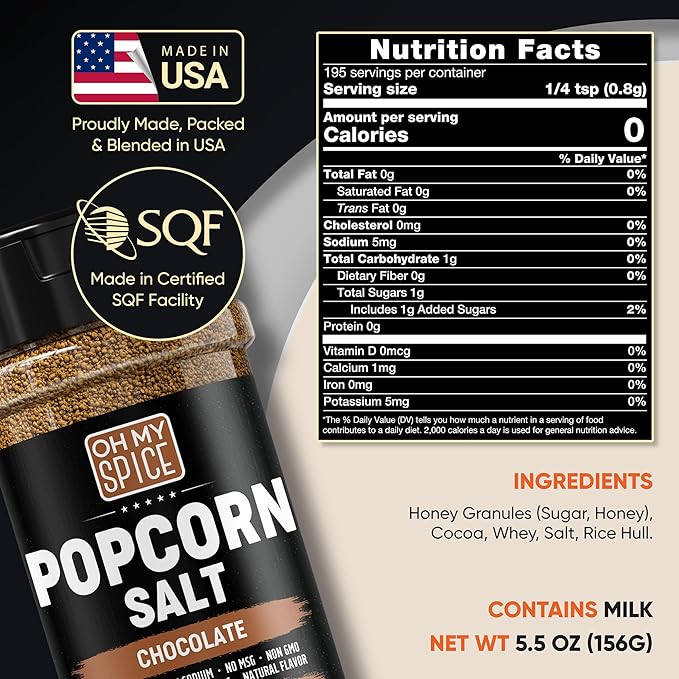 Popcorn Salt Chocolate Powder Mix - Gluten Free & Low Sodium Cocoa Powder Popcorn Salt Seasoning. Movie Night Pop Corn Flavoring Seasoning. Pop Corn Seasonings Salts. Sweet Cacao Blend Topping. 5.5oz