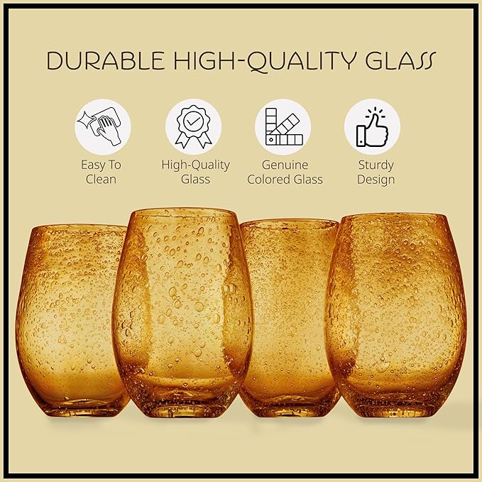 Artland Stemless Wine Glass, Set of 4 | Iris Seeded Design, Amber | Drinking Glass for Parties and Everyday Use - Wine, Champagne, Cocktail | Glassware & Barware Essentials