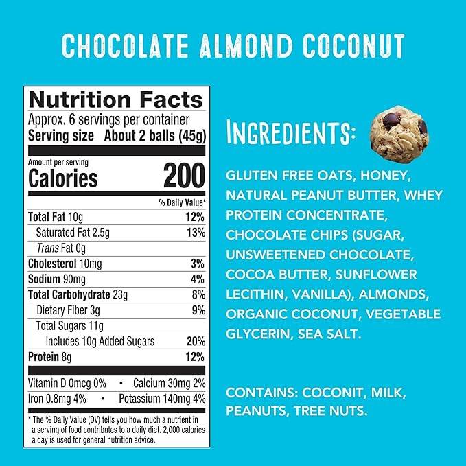 simplyFUEL Whole Food Protein Balls with Probiotics - Chocolate Almond Coconut Snacks - 8g Protein Snack - Gluten Free Energy Balls