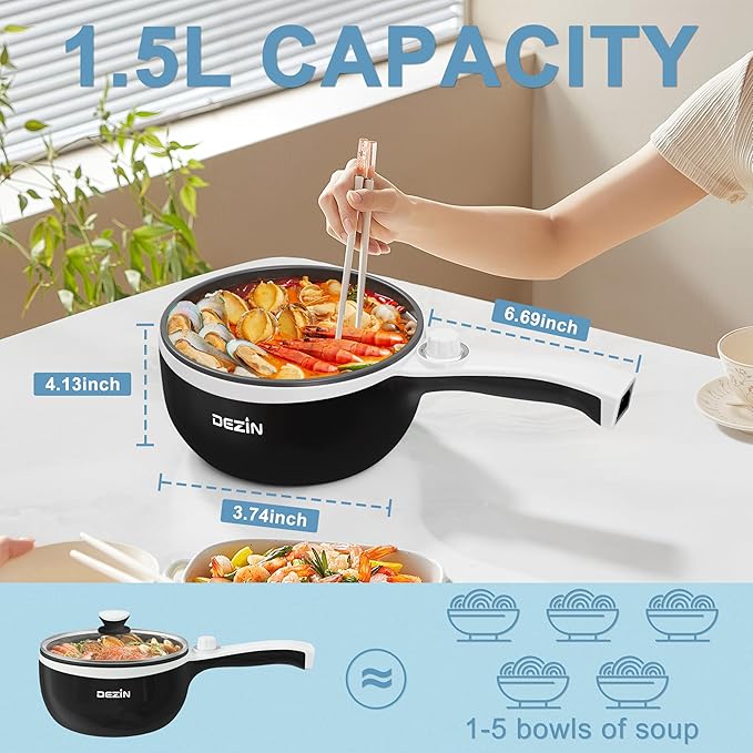 Dezin Hot Pot Electric Upgraded, Non-Stick Saut챕 Pan, Rapid Noodles Electric Pot, 1.5L Mini Portable Hot Pot for Steak, Egg, Fried Rice, Ramen, Oatmeal, Soup with Power Adjustment
