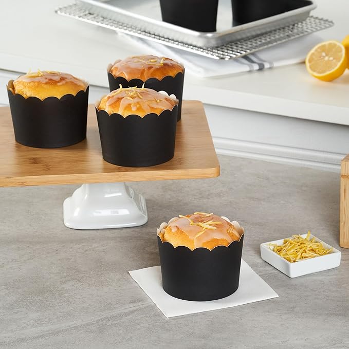 Panificio 10 Ounce Cupcake Wrappers, 200 Scalloped Baking Cups - Oven-Ready, Greaseproof, Black Paper Cupcake Liners, Disposable, For Birthdays, Baby Showers, Or Weddings - Restaurantware
