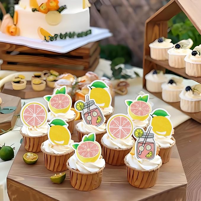 40Pcs Edible Lemon Cupcake Toppers Fruit Theme Lemonade Party Cupcake Picks for Lemon Theme Baby Shower Kids Boys Girls Birthday Party Cake Decorations Supplies