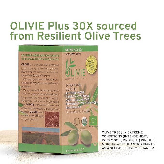 Organic High Polyphenol Rich Extra Virgin Olive Oil OLIVIE PLUS 30X | Moroccan Desert Olive Oil | EVOO | Organic, Kosher | 250 ml Glass Bottle
