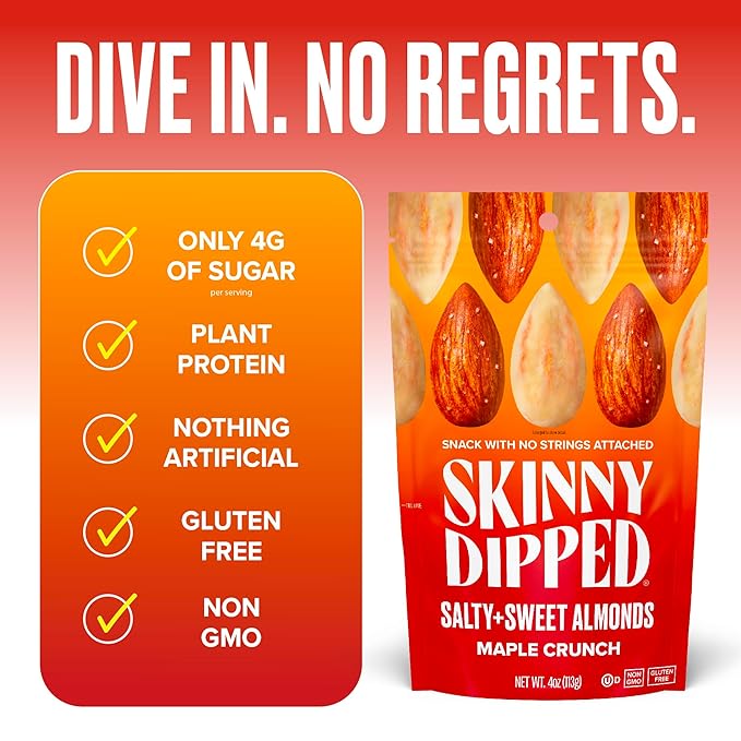 SkinnyDipped Salty + Sweet Maple Almond Crunch, Healthy Snack, Plant Protein, Gluten Free, 4 oz Resealable Bags, Pack of 5