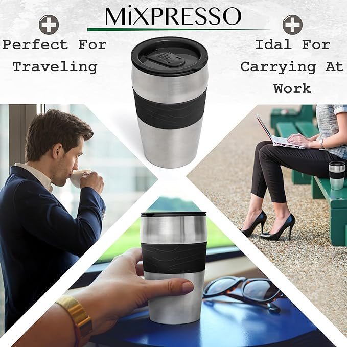 Mixpresso Black Personal Single Serve Coffee Maker with 14oz Travel Mug, Drip Small Coffee Maker with Auto Shut Off, Reusable Filter, Works with Ground Coffee Only ??Not for K-Cup Pods