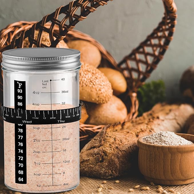 Sourdough Starter Jar Kit, 40 OZ 2 Pack Sourdough Starter Jar with Date Marked Feeding Band, Thermometer, Scraper, Sewn Cloth Cover and Metal Lid. Sour Dough Bread Baking Supplies