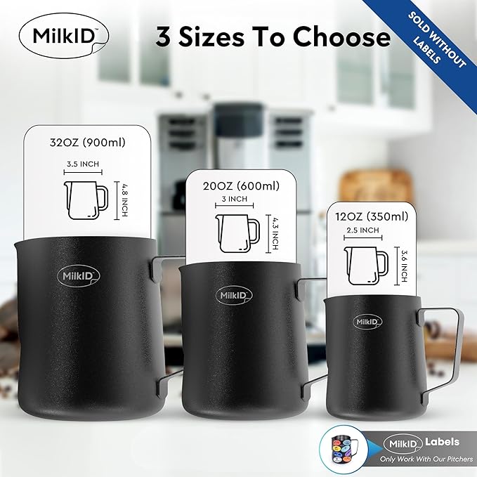 Stainless Steel Milk Frothing Pitcher | Compatible with MilkID Labeling System | Espresso Accessories Kit | Barista Tools | Latte Art Pitcher (32oz / Black Pitcher)