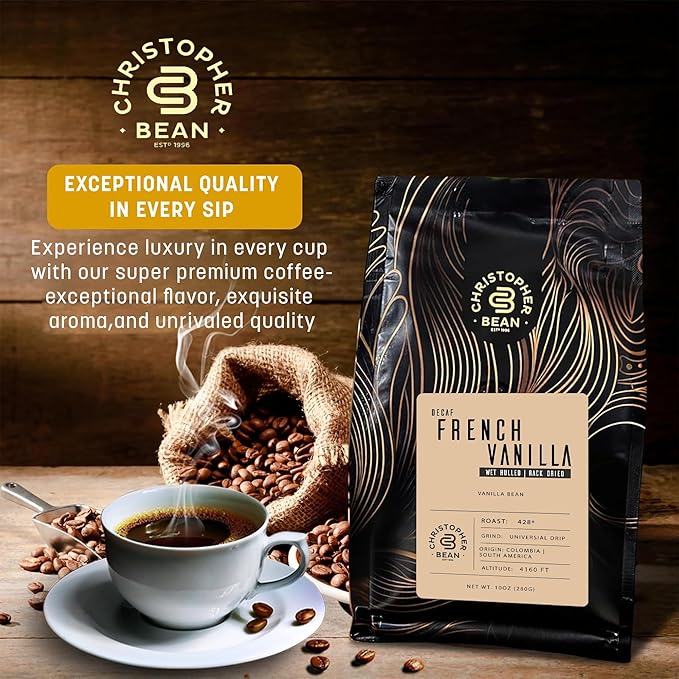Christopher Bean Coffee - Certified Kosher - Decaf Ground Universal Drip French Vanilla Flavored Coffee | Coffee Beans with Medium Roast 100% Arabica, No Sugar, No Fats, Non-GMO | 10-Ounce Bag