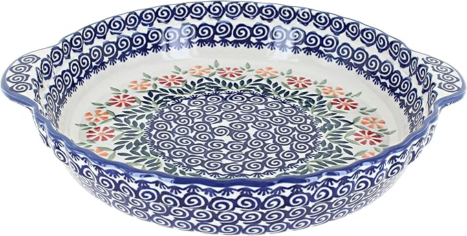 Blue Rose Polish Pottery - Blue Garden Bouquet Pie Plate with Handles - 9.75" Diameter - Ceramic Baking Dish, For Pies, Quiches & Desserts