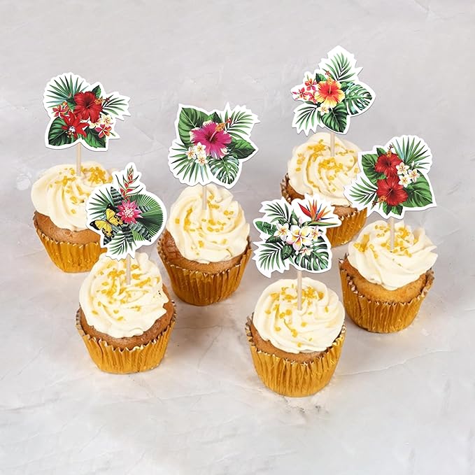 Rsstarxi 36 Pack Tropics Cupcake Toppers Turtle Leaves Flowers Tropical Plants Cupcake Picks for Summer Hawaii Tropics Theme Baby Shower Wedding Birthday Party Cake Decorations