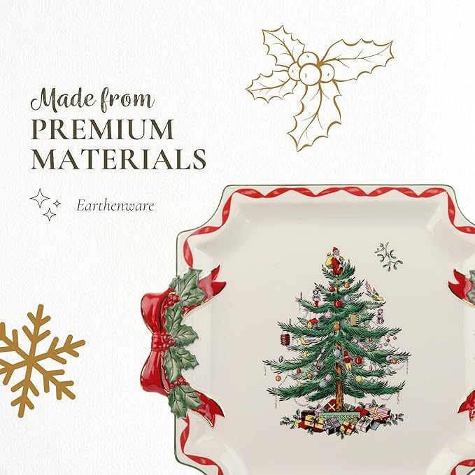 Spode Christmas Tree Ribbons Square Platter with Bow Handles - 11-Inch Holiday Serving Plate for Desserts, Appetizers, and Treats - Festive Christmas Dinnerware with Gold Accents - Dishwasher Safe