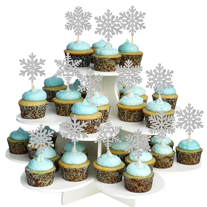 24 PCS Snowflake Cupcake Toppers Glitter Frozen Snowflake Cupcake Picks Winter Wonderland Cake Decorations for Winter Frozen Theme Baby Shower Kids Birthday Christmas Party Supplies Silver
