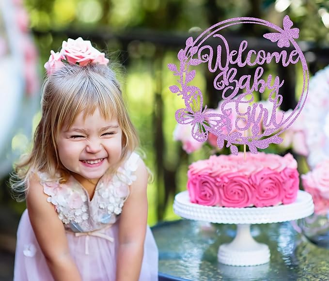 Welcome Baby Girl Cake Topper - Light Purple Glitter Baby Shower Cake Decorations, Baby Girl Cake Decor, for Baby Shower/Birthday Party/Gender Reveal Party Photo Booth Props