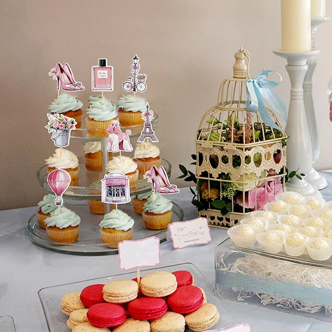 32Pcs Paris Party Cupcake Topper Pick Eiffel Tower Bicycle High Heels Flowers For Kids Birthday And Baby Shower Birthday Party Decoration