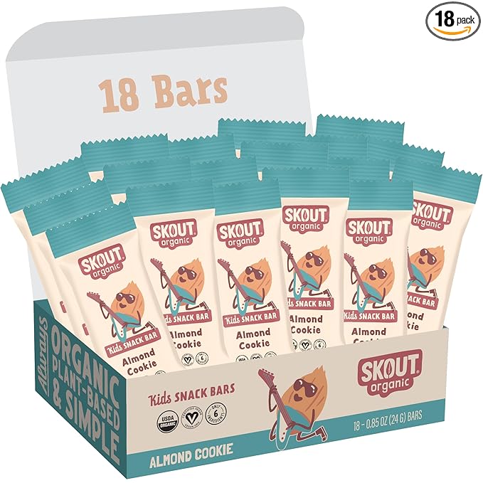 Skout Organic Almond Cookie Kids Snack Bars (18 Pack) | Organic Kids Snack Bars | School Snacks & Lunch Snacks | No Refined Sugar | Vegan & Paleo | Gluten, Dairy, and Grain Free