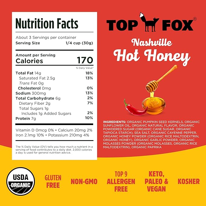 TOP FOX Snacks - Organic Pop-Roasted Pumpkin Seeds | Healthy Protein Snacks - Gluten Free - Keto and Vegan Friendly (Nashville Hot Honey, 3.5 oz - 6 Pack)