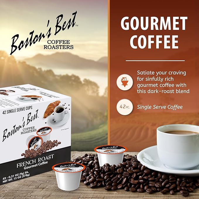 Bostonโs Best - Rich & Bold French Roast Gourmet Delectable Dark Roast Coffee, Compatible with Keurig Coffee Maker, 1 Count (42 Single Serve Cups)