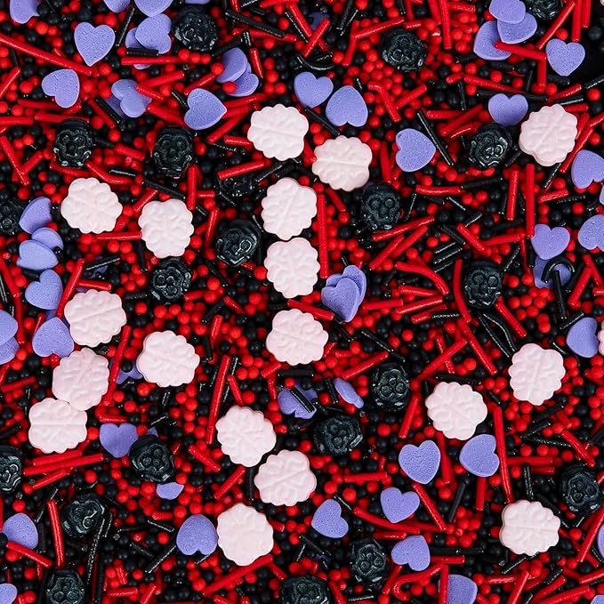 Edible Halloween Sprinkles,Purple Heart Pink Brain and Black Skull Monster, Red Black Pearls and Jimmies Mixed,130g/4.58ounce ,Perfect for Cake Decorations, Baking, Ice Cream, Cookies, Cupcake Topper,Halloween Supplies Children's Party