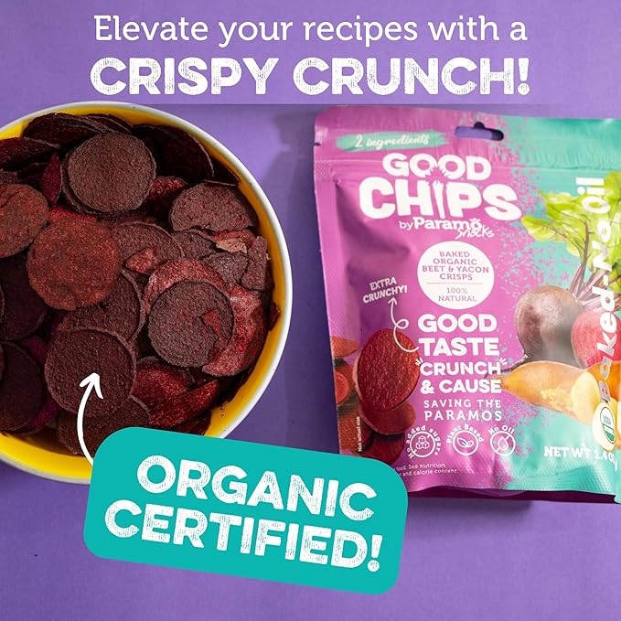 Good Chips Beet & Yacon - Crispy, Baked, No Oil, No Added Salt - Organic, High Fiber, Prebiotic Superfood - Healthy, Vegan Snack - 1.4 oz, Pack of 12