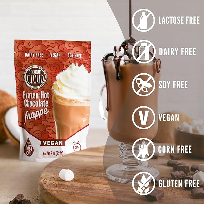Coconut Cloud Frozen Hot Chocolate | Blended Instant Frappe Iced Cocoa | Add Nut Milk, Ice & Enjoy | Easy, Creamy, Delicious, Tasty Barista Quality. (Vegan, Dairy-Free, Plant Based, Certified Gluten-Free, Women Owned, US Made), 6 Servings