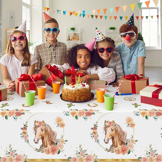 3Pcs Horse Tablecloths Gold Cowgirl Horse Birthday Table Covers, Western Girl Themed Party Decorations Plastic Disposable Rectangular Table Cloth Decor for Kids Birthday Baby Shower