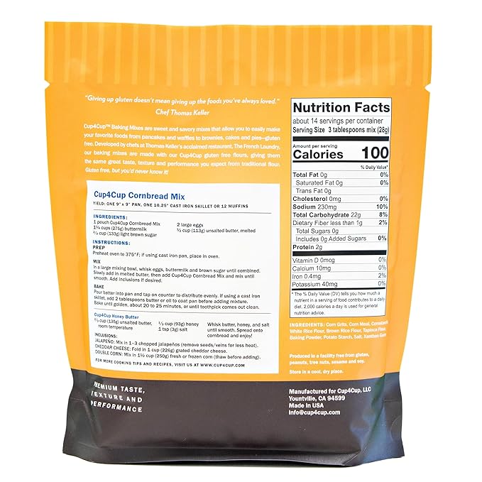 Cup4Cup Cornbread Mix, 0.88 Pounds, Certified Gluten Free, Dairy Free, Non-GMO, Kosher, Made in the USA