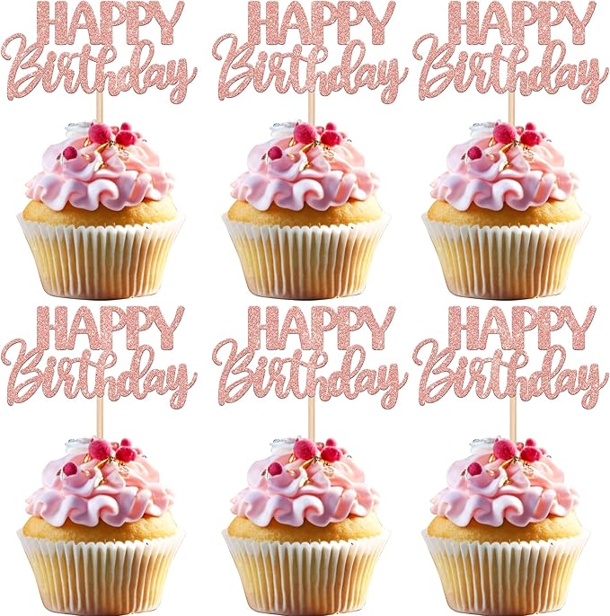30 PCS Happy Birthday Cupcake Toppers Glitter Happy Birthday Cupcake Picks for Celebrating Birthday Anniversary Theme Party Cake Decorations Supplies Rose Gold