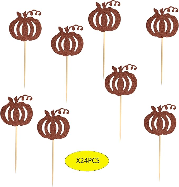 24pcs Pumpkin Cupcake Toppers - Brown Glitter Picks for Fall Theme Thanksgiving Halloween Birthday Baby Shower Party Decoration Supply