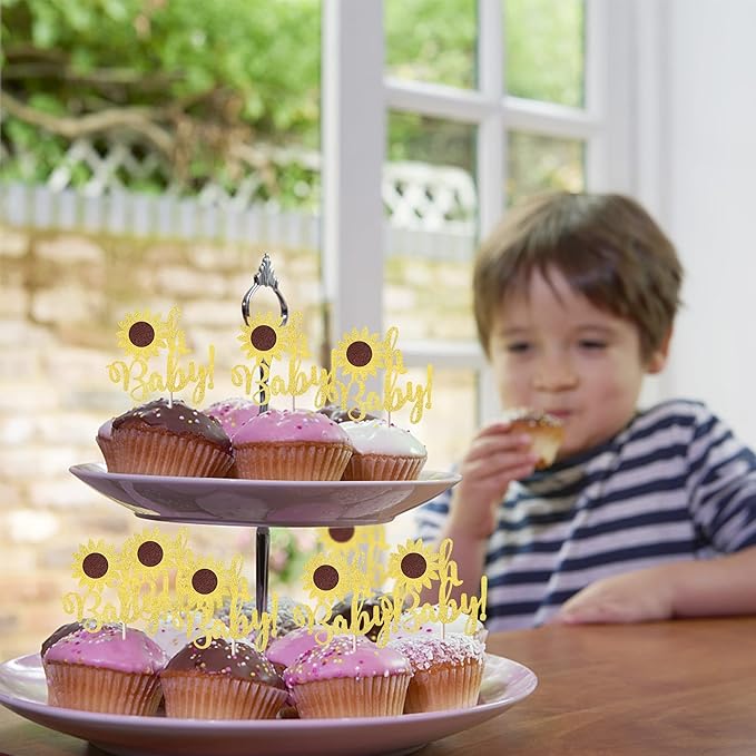 YCTHUNFISH 24 Pack Gold Glitter Sunflower Baby Shower Cupcake Toppers