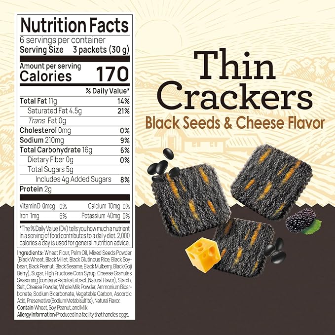 Vloong Black Seeds & Cheese Flavor Thin Crackers, Healthy Snacks with Individual Packs, Baked Crisps with No Artificial Flavors (1 Pack, 6.3 Ounce) Black Wheat, Black Millet, Black Rice, Black Bean, Black Peanut, Black Sesame with Cheddar